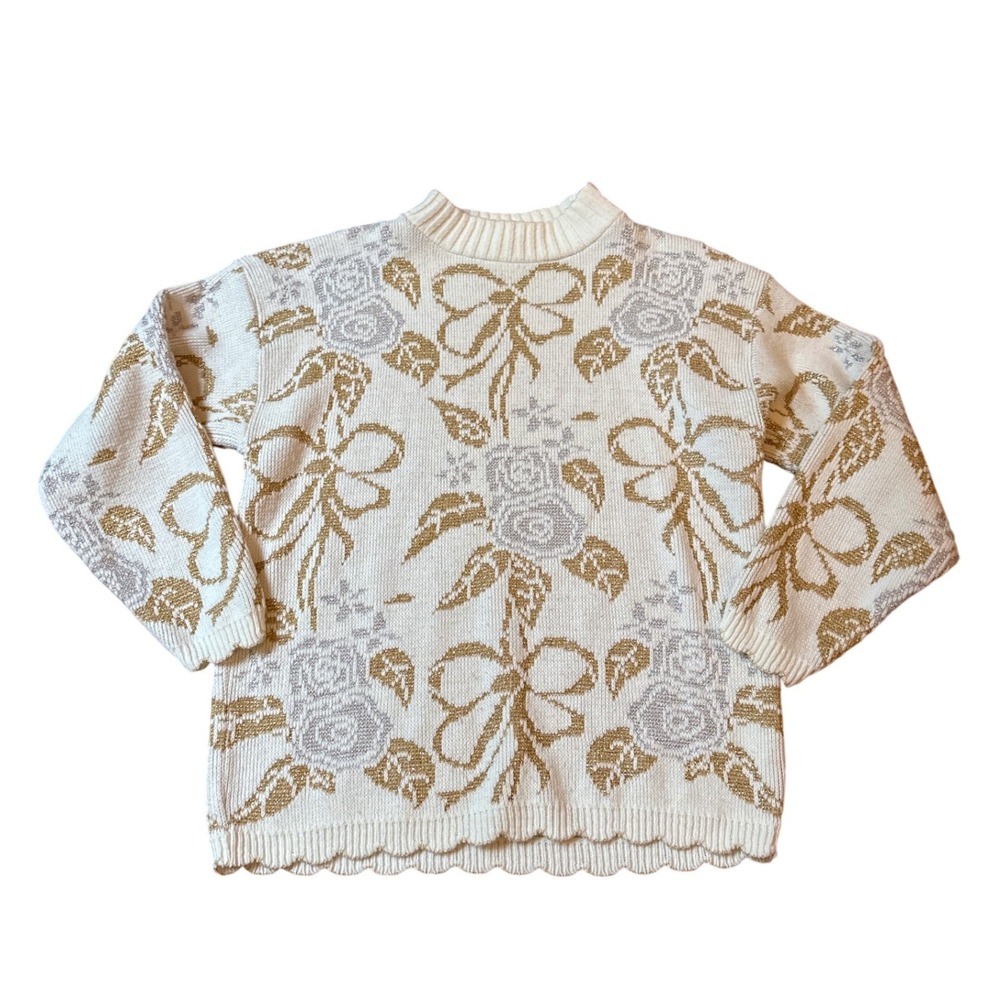 Dana Scott Sweater Women White Gold Silver Floral Bow Vintage Metallic SIZE M